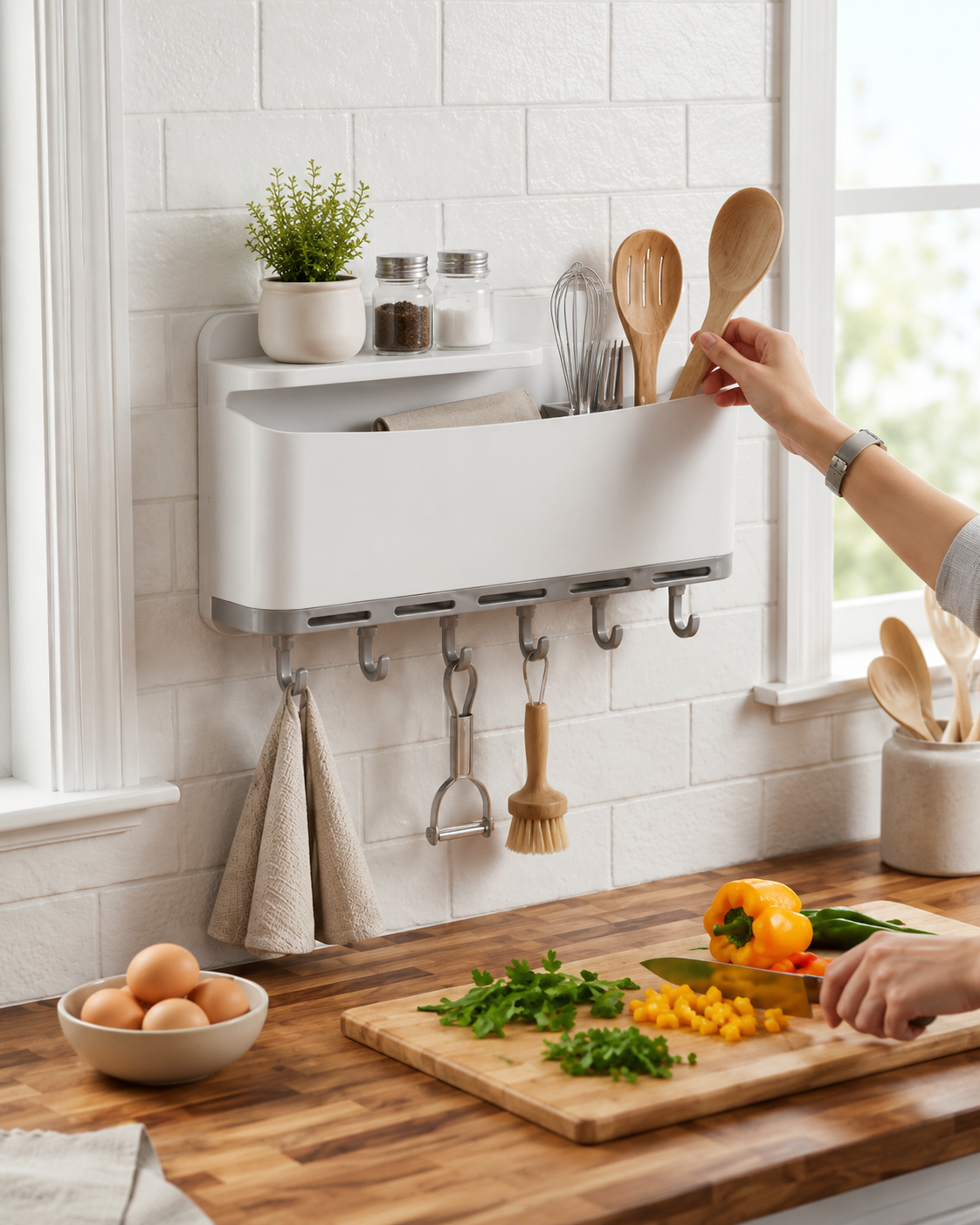 Wall-Mounted Kitchen Organizer Rack with Hooks