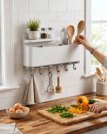 Wall-Mounted Kitchen Organizer Rack with Hooks
