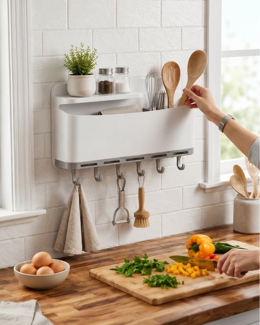 Wall-Mounted Kitchen Organizer Rack with Hooks