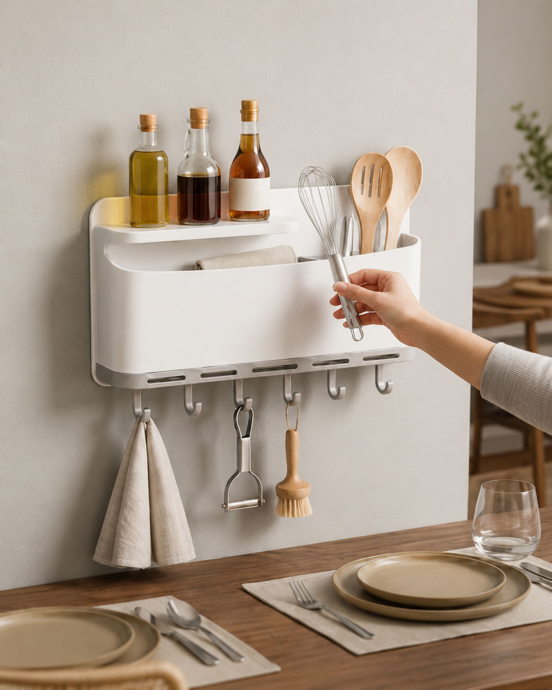 Wall-Mounted Kitchen Organizer Rack with Hooks