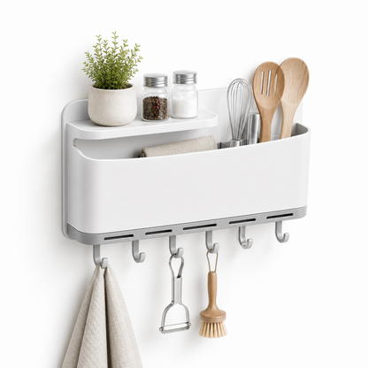 Wall-Mounted Kitchen Organizer Rack with Hooks